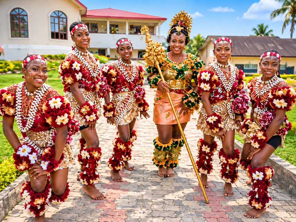Young people in traditional dress celebrating together at the home